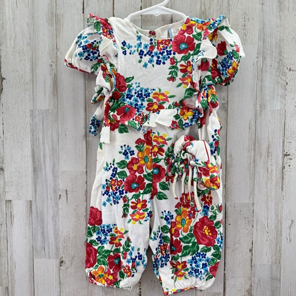 Vintage 90s Baby girls Floral one piece bubble Romper size 6-9 mo Booties NOS